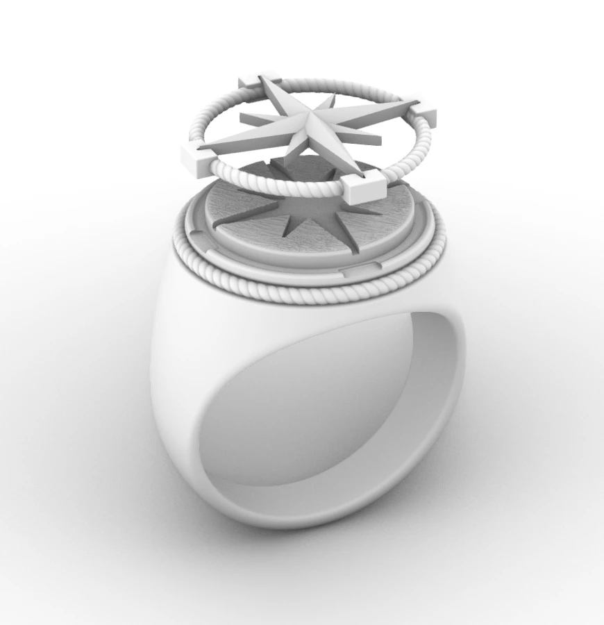 Sygnet Róża wiatrów projekt 3D biżuteria CAD wizualizacja detal